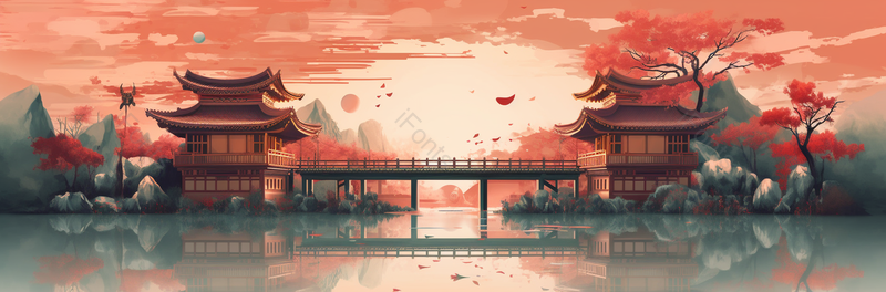 湖边两个亭子国潮风背景,插画/手绘图,插画/手绘图库,插画/手绘图下载,插画/手绘
